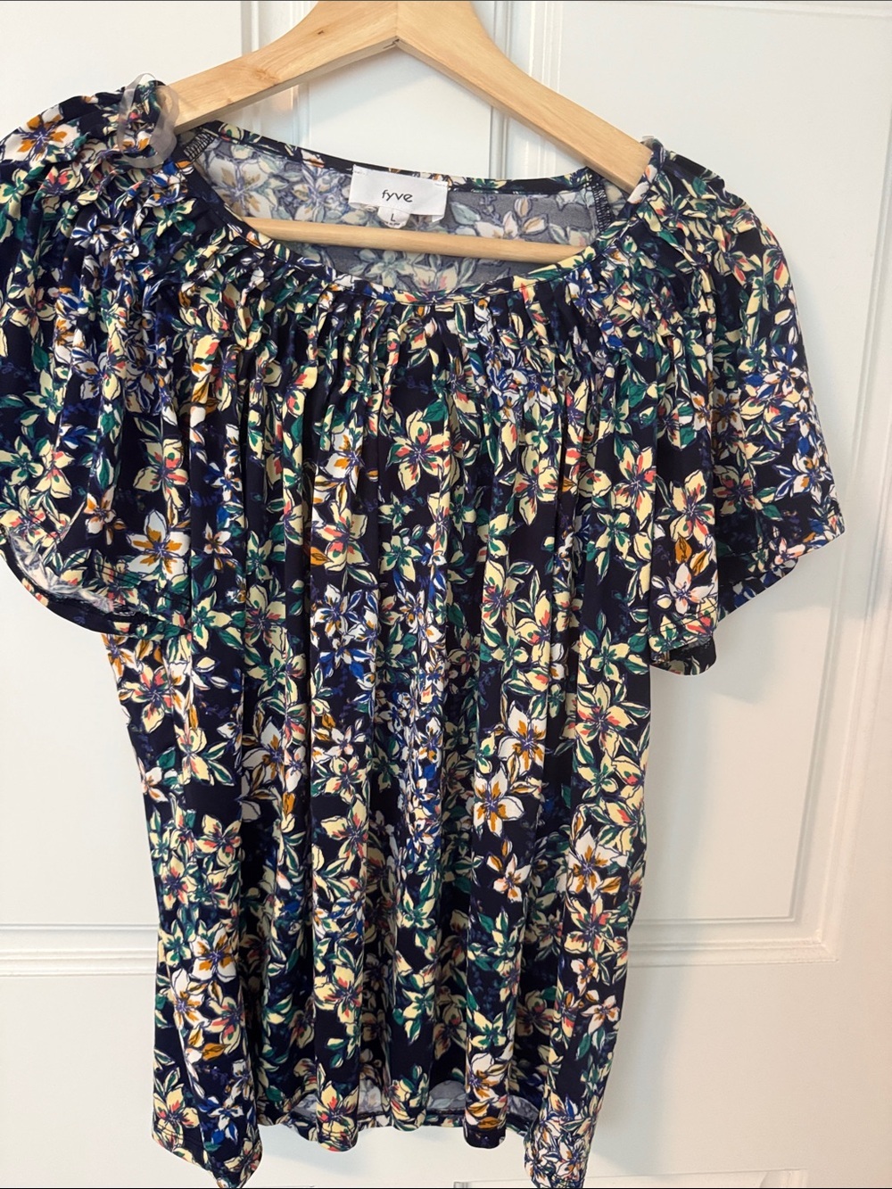 Frye Floral Gathered Neck Short Sleeve Blouse - Navy Multi